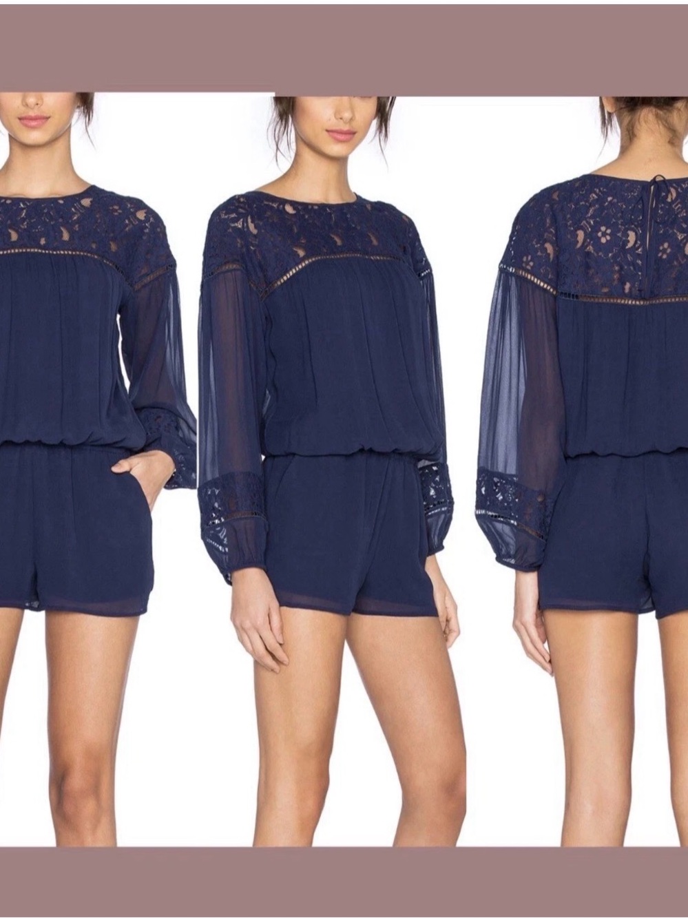 Joie Jevin Silk Navy Blue Lace Romper Long Sleeve Blouse Balloon Sleeves Sz XS